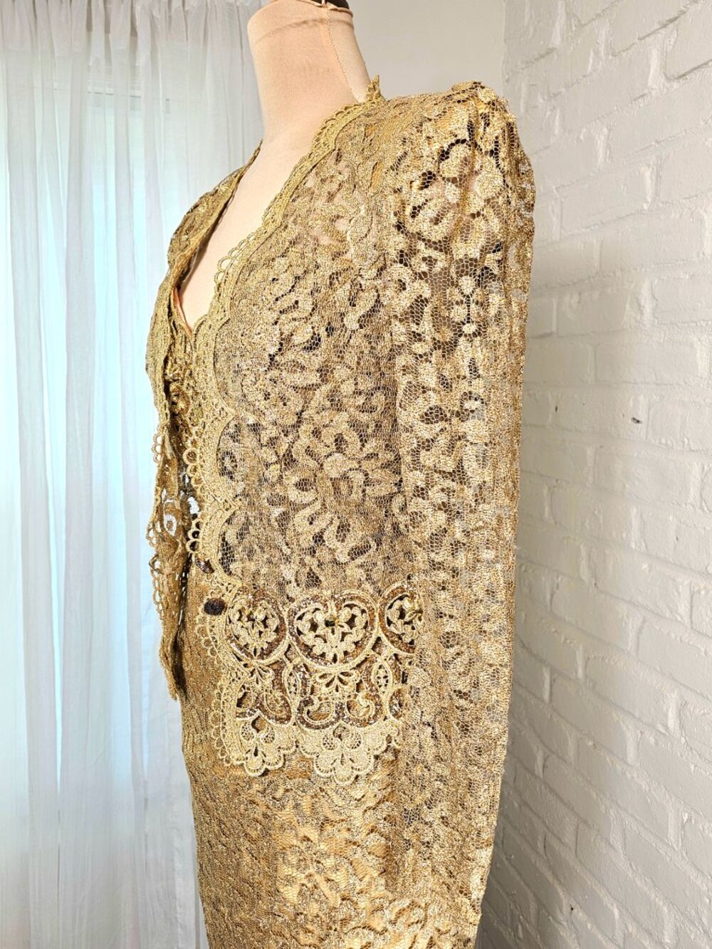 Vintage Jessica McClintock Gold Lace Dress Set Formal Evening Dress US 4 - Picture 8 of 11